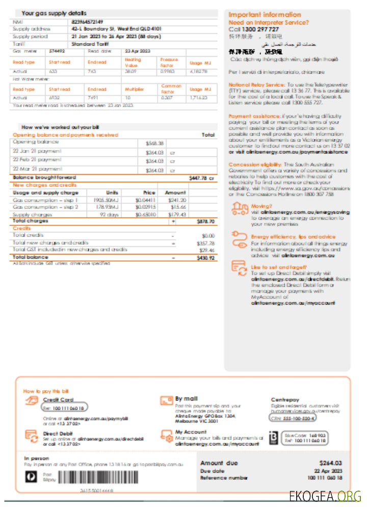 Facture commerciale du service public de gaz d'Alinta Energy, page 2, SCR